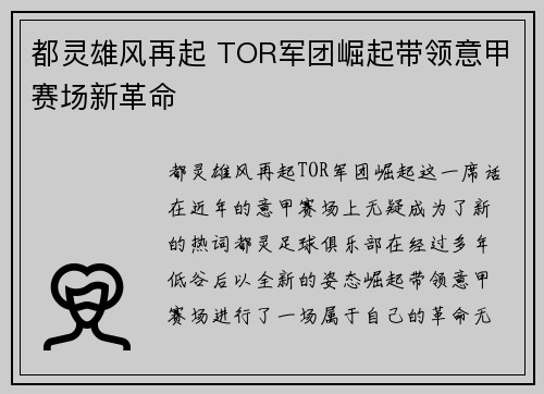 都灵雄风再起 TOR军团崛起带领意甲赛场新革命