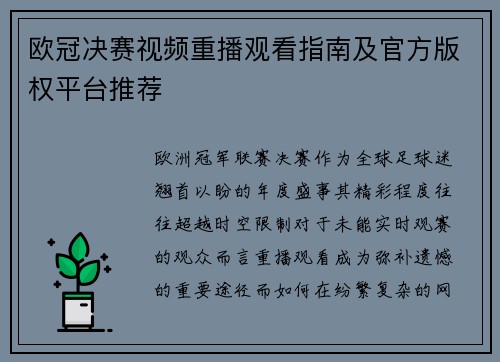 欧冠决赛视频重播观看指南及官方版权平台推荐