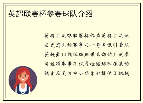 英超联赛杯参赛球队介绍